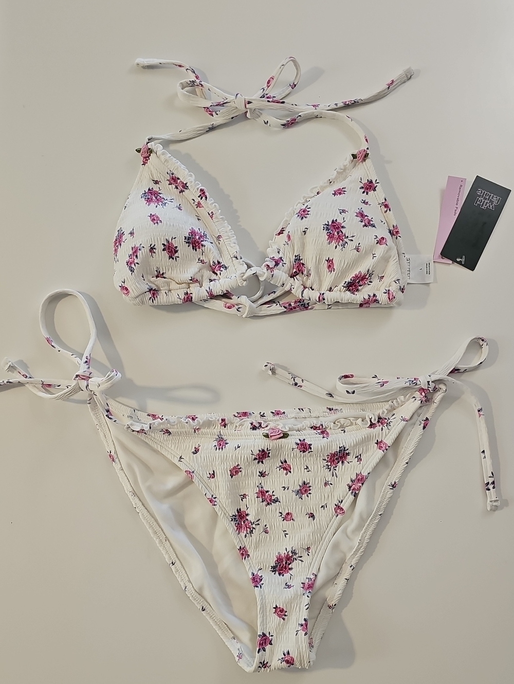 Wild Fable Women L/XL Cream Ruffle  Edge Smocked Floral Tie-Back Triangle Bikini
